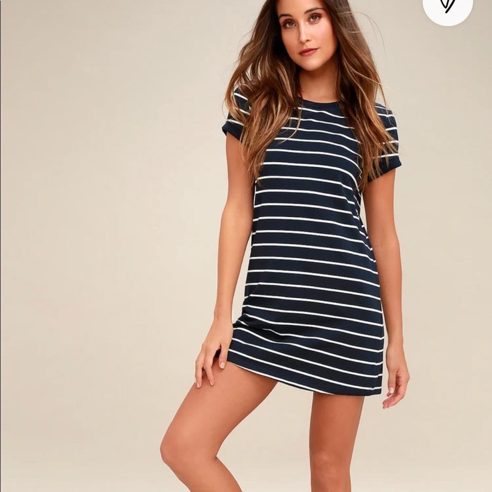 Lulus Cafe Society Navy Blue Stripped Shirt Dress